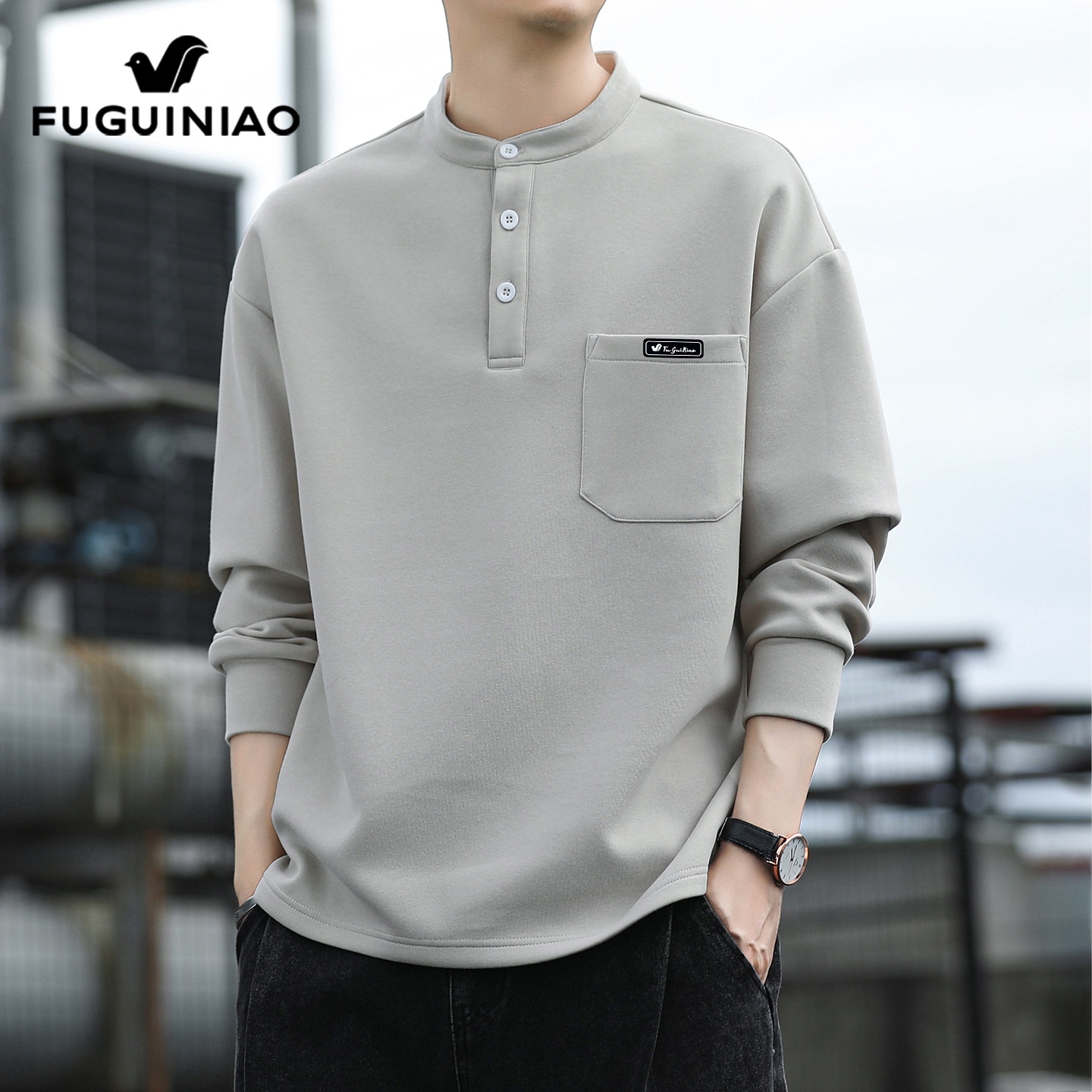 富贵鸟立领长袖t恤男士秋季新款