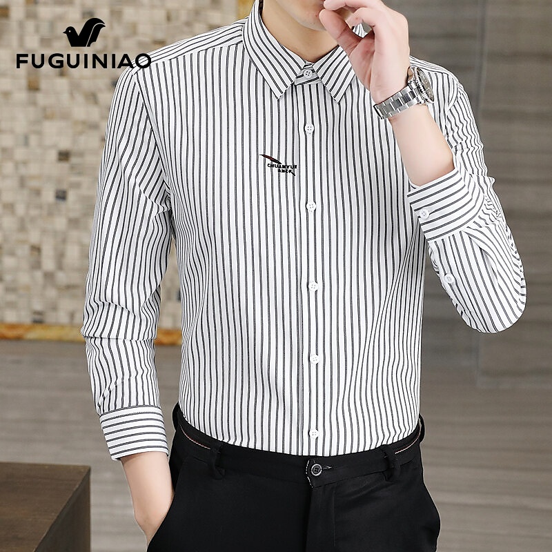 富贵鸟条纹长袖衬衫男士秋季新款