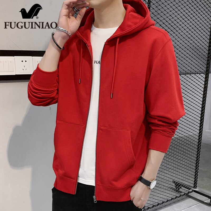富贵鸟红色开衫卫衣男士本命年连帽上衣服2025年秋季休闲外套男装