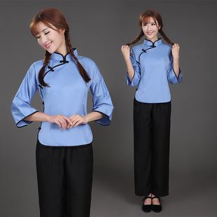 阿庆嫂演出服碎花村姑服采茶服女喜儿表演古装民族风 农村秧歌服