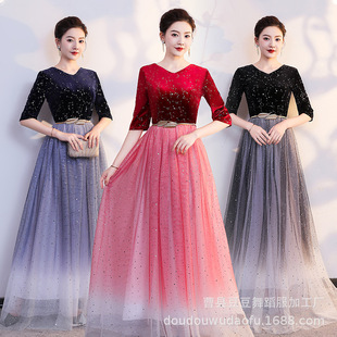 大合唱演出服女长裙学生蓝色成人朗诵服装主持人长款合唱团晚礼服