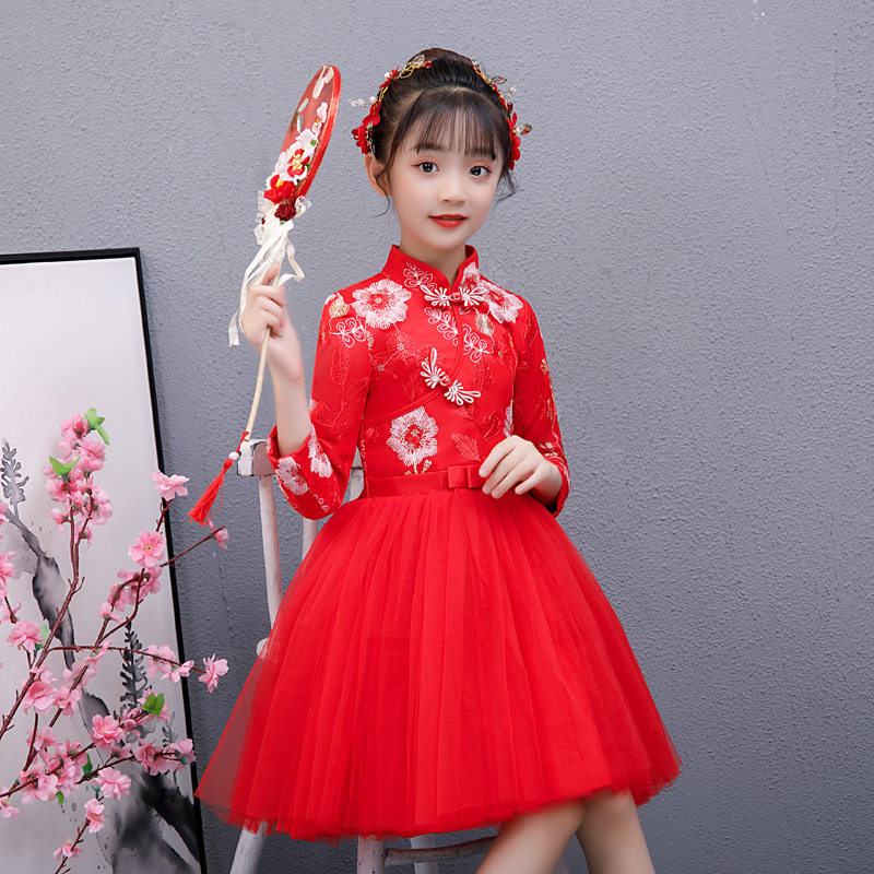 女童旗袍连衣裙秋冬长袖儿童公主裙拜年纱裙新款中裙子