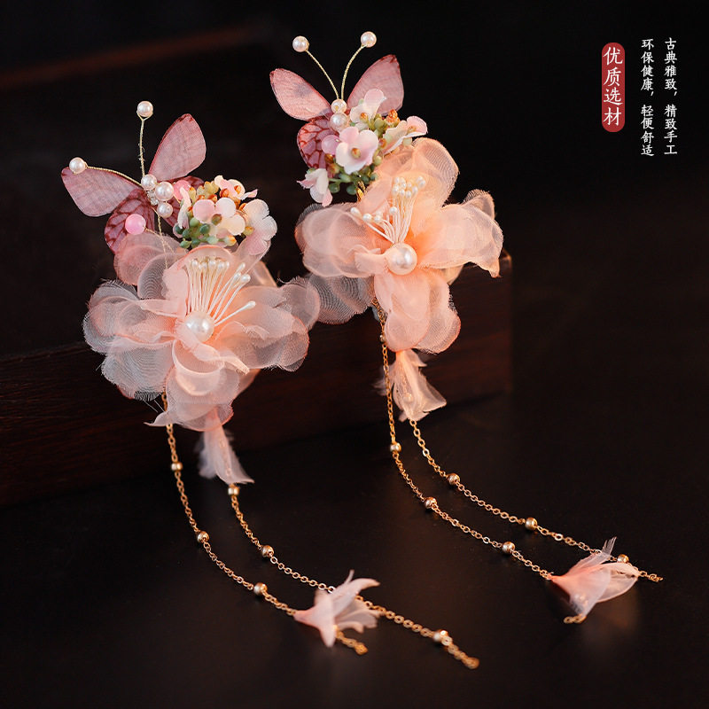 古风汉服粉色簪花对夹绢花鸭嘴夹