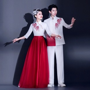 红歌男女款合唱团演出服新款中山装诗歌朗诵表演服成人主持服