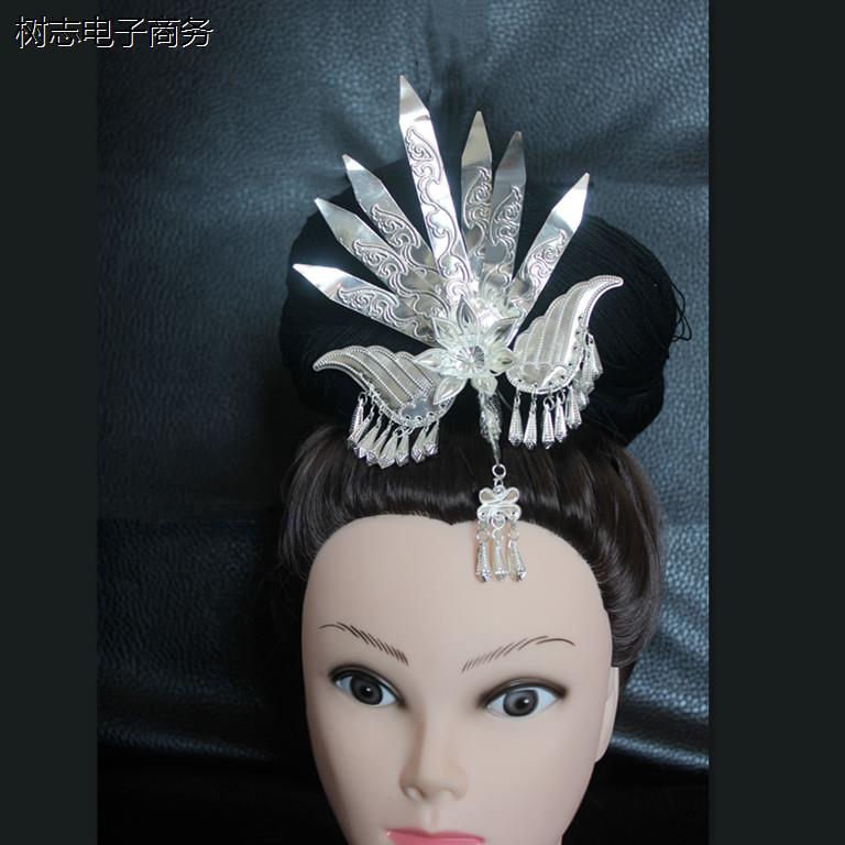 苗族侗族少数民族银饰凤发冠服饰新娘舞台演出佩戴苗银发饰头饰