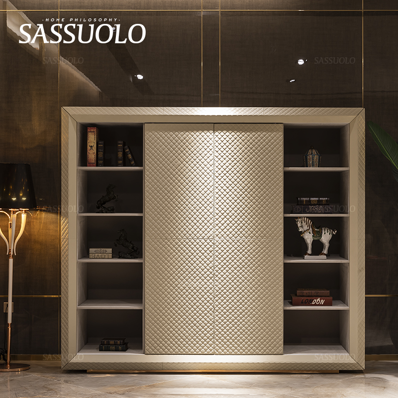 意式风米白色纳帕牛皮移门电视柜