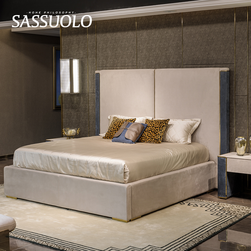 萨索罗/意式轻奢华极简约灰蓝色头层磨砂皮主人大床家具