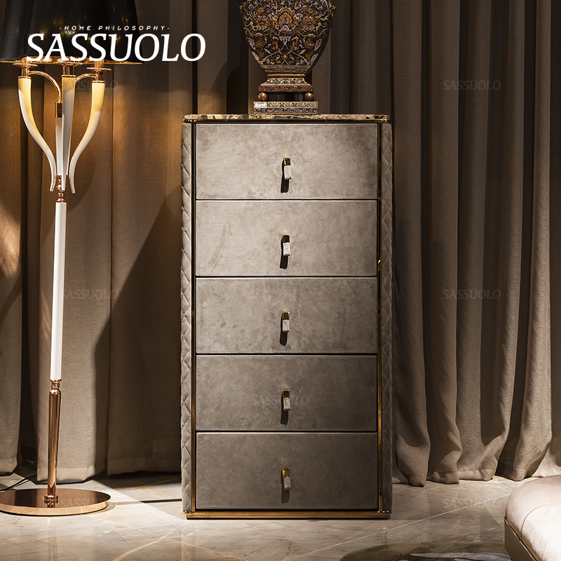 萨索罗/进口灰色磨砂皮真皮五斗边柜/意大利后现代豪华轻奢家具居