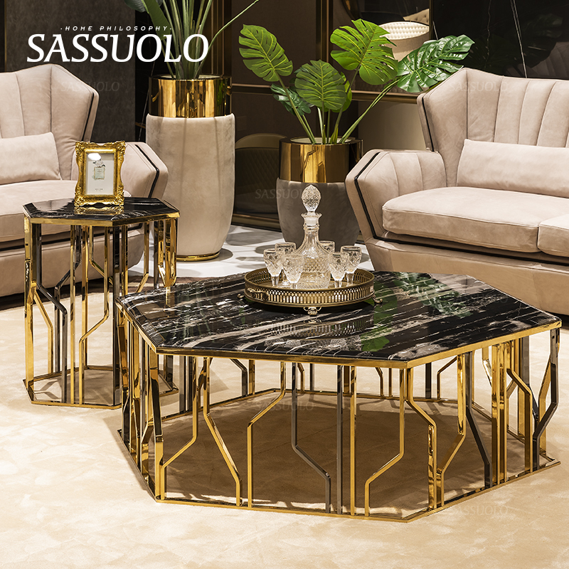 后现代意式风黑色六边形豪华茶几