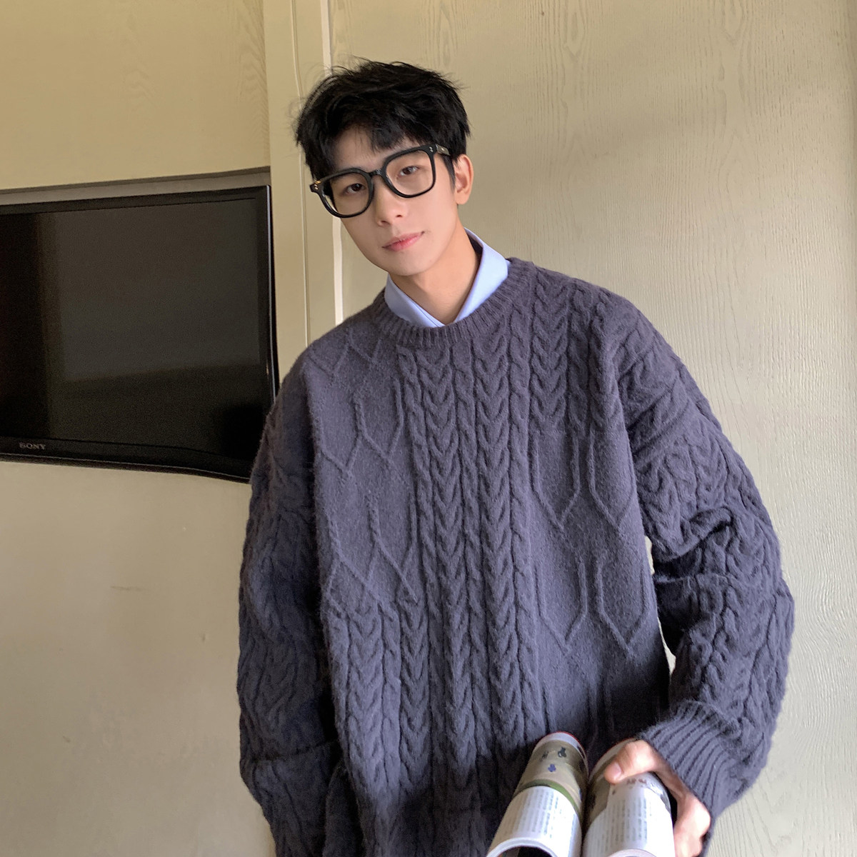 港风麻花毛衣男冬季复古潮流宽松针织衫外套A046HM2126P65控88,男装针织衫/毛衣,星座608(原A046)