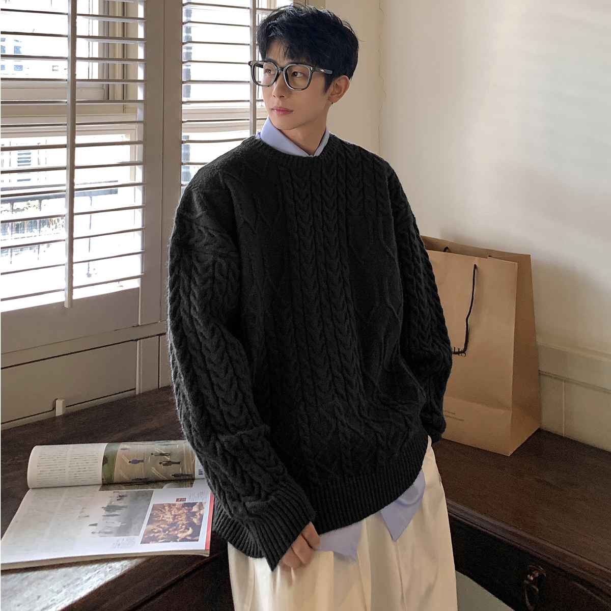 港风麻花毛衣男冬季复古潮流宽松针织衫外套A046 HM2126 P65 控88图片