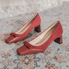 5法式 酒红色蝴蝶结高跟单鞋 女方头粗跟中跟高级感婚鞋 新娘鞋 6368