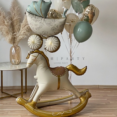 童趣摇摇木马气球派对宝宝满月周岁生日布置求婚小熊惊喜奶油色系
