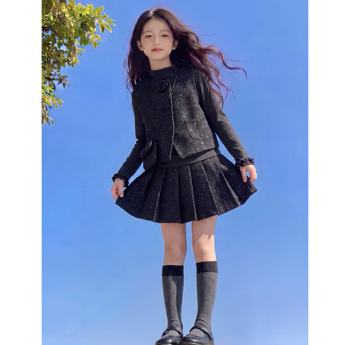 女童秋套装2026新款儿童网红洋气时髦小香风三件套女孩春秋装时尚