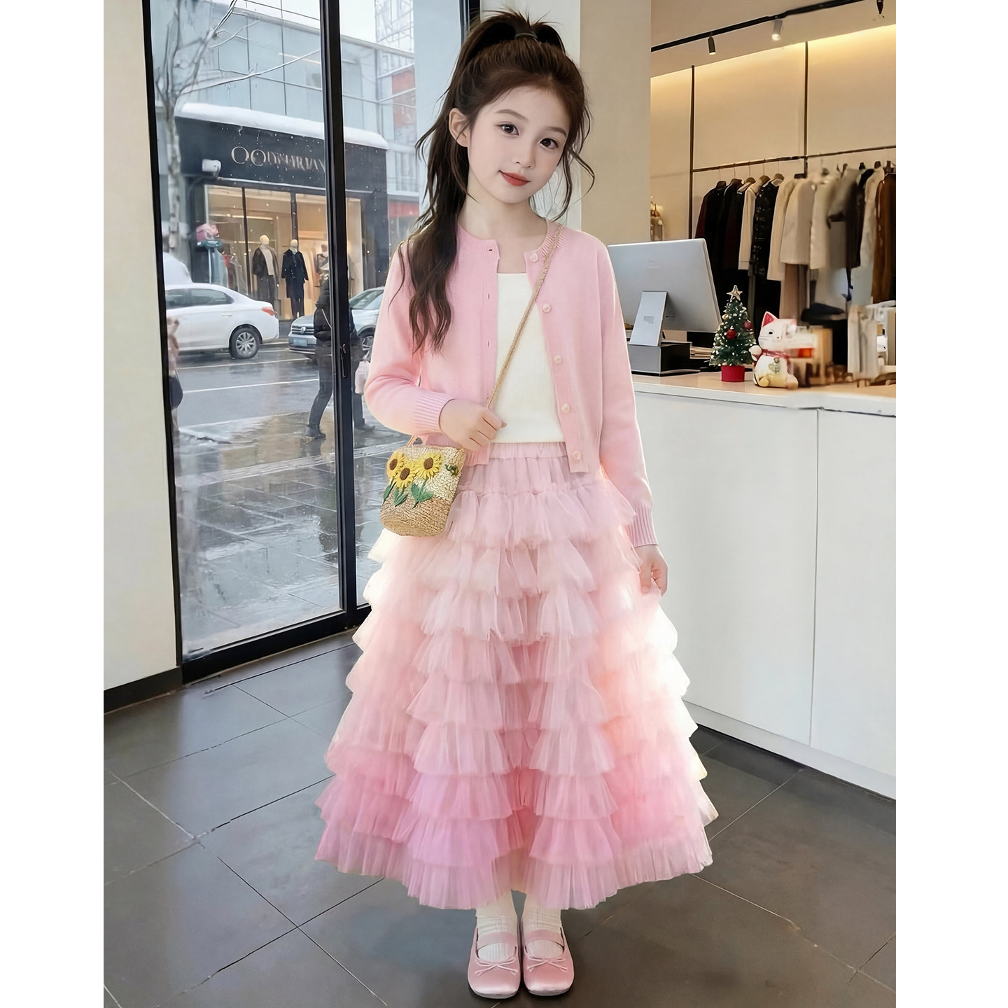 女童春装套装2026新款儿童洋气渐变网纱半身裙两件套女孩春季衣服