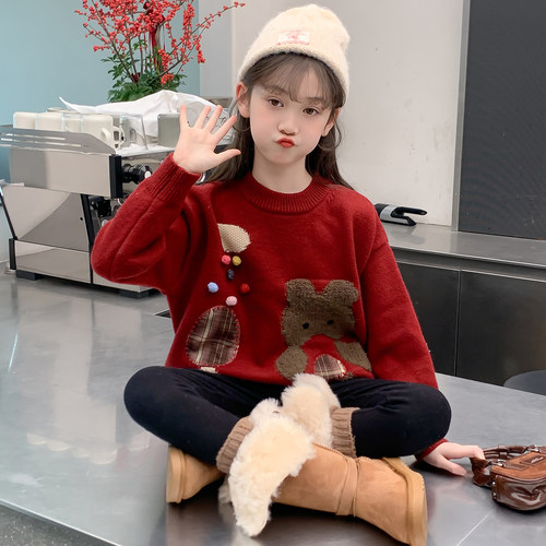 女童毛衣2025新款冬装儿童洋气加厚爆款红色过年打底衫女孩上衣潮