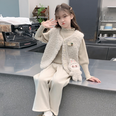 女童套装秋冬款2025新款儿童网红洋气时髦马甲女孩冬季加厚三件套