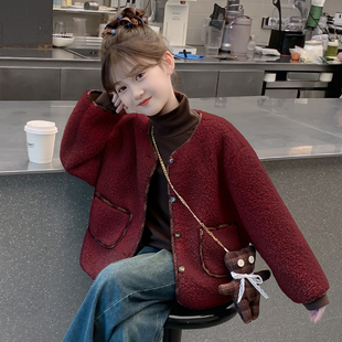 女童秋冬外套2025新款儿童网红洋气加绒加厚羊羔毛上衣女孩冬装潮