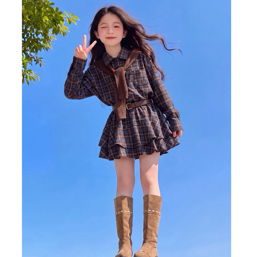 女童秋装套装2026新款洋气儿童复古格纹半身裙两件套女孩春秋衣服