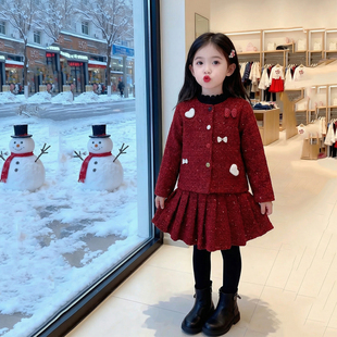 女童冬装套装2026新款儿童洋气时髦爆款红色加厚女孩小香风两件套