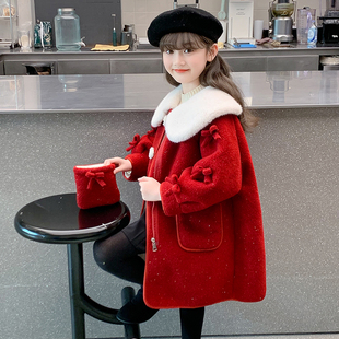 女童外套2025新款秋冬款儿童中长款夹棉加厚毛呢风衣女孩红色大衣
