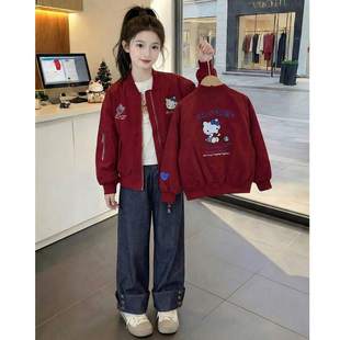 女童春装外套2026新款洋气儿童时髦韩版卡通KT猫夹克女孩春秋上衣