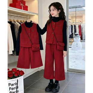女童冬装套装2026新款儿童洋气时髦红色爆款加厚冬款小女孩三件套