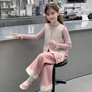 女童套装2025新款冬装儿童洋气汉服国风新中式加绒加厚女孩三件套