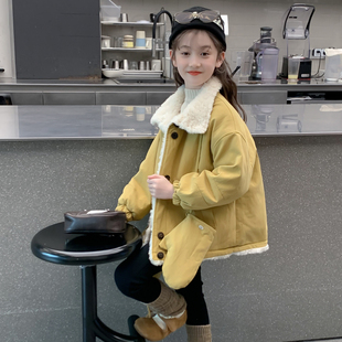 女童外套2025新款冬装儿童洋气时髦一体绒加厚鹿皮绒大衣女孩网红