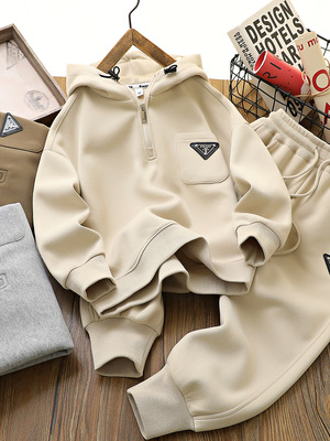 简约春秋半拉链连帽套头卫衣套装
