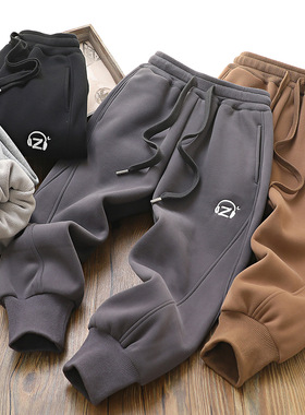 男童加绒裤子一体绒宽松洋气刺绣外贸运动卫裤 中大童冬季休闲裤