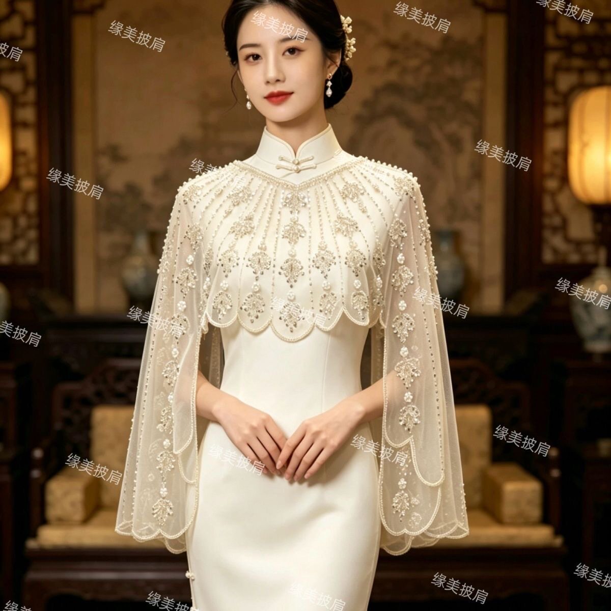 时尚走秀礼服披肩钉珠网纱主持配饰爆款生日派对成人礼服服装搭配