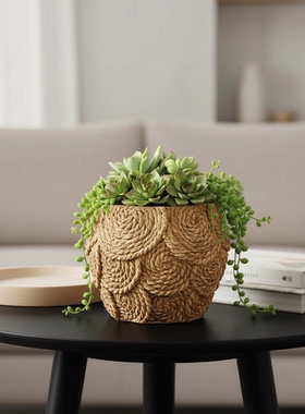 侘寂风藤编手工桌面花盆摆件