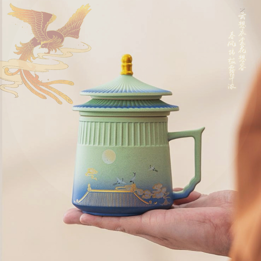 古典水墨风仙鹤祥云纹彩瓷茶杯