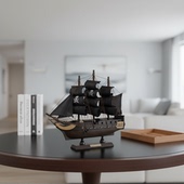 复古怀旧黑色三桅帆船模型摆件骷髅头装 饰工艺船