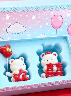 新中式树脂小熊摆件结婚礼盒