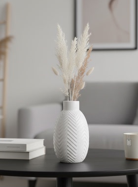 现代简约白色陶瓷浮雕花瓶摆件