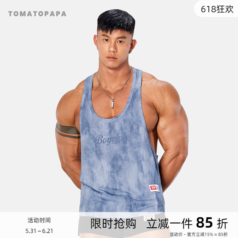 TOMATOPAPA美式印花背心男士宽松运动健身训练外穿吊带工字汗背心