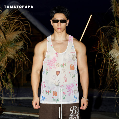 TOMATOPAPA涂鸦印花背心宽松套头休闲旅游男女度假风薄款雪纺无袖