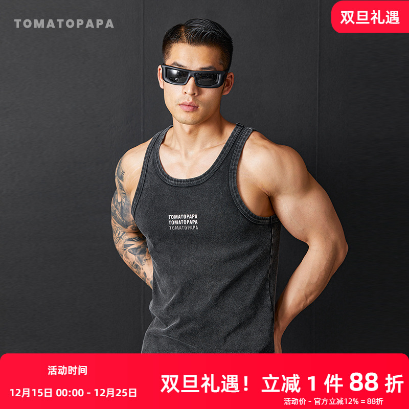 TOMATOPAPA复古背心男2025夏季水洗做旧运动美式无袖休闲基础训练