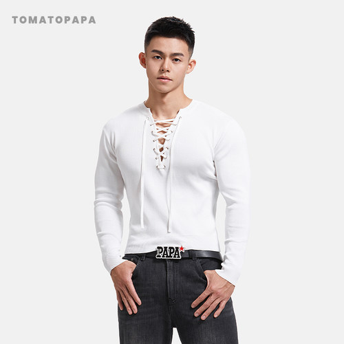 TOMATOPAPA秋冬长袖t恤针织衫绑绳V领潮流打底衫弹力修身毛织上衣
