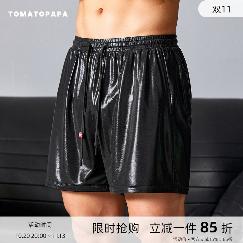 TOMATOPAPA短裤仿皮高弹松紧腰抽绳运动裤柔软纯色直筒宽松休闲裤