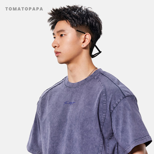 TOMATOPAPA美式水洗做旧短袖T恤男士宽松落肩袖休闲套头运动潮牌