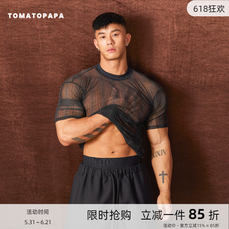 TOMATOPAPA新款短袖T恤网纱透视薄款透气时尚夜店派对欧美打底衫