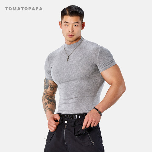 TOMATOPAPA运动风修身短袖T恤男基础弹力显肌肉健身柔软套头上衣