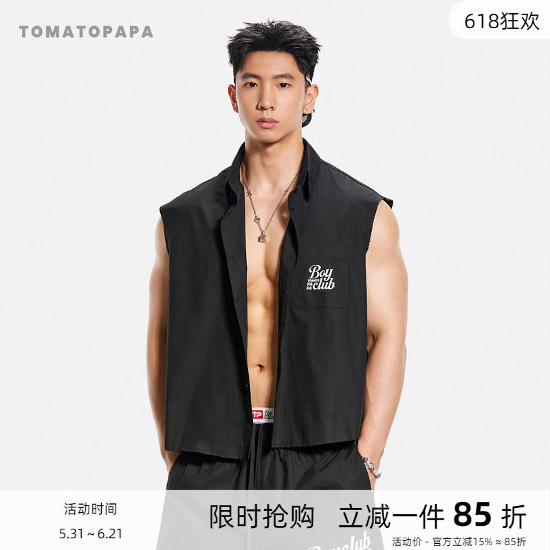 TOMATOPAPA无袖衬衫男潮流烫印翻领工装背心字母休闲上衣纽扣开衫