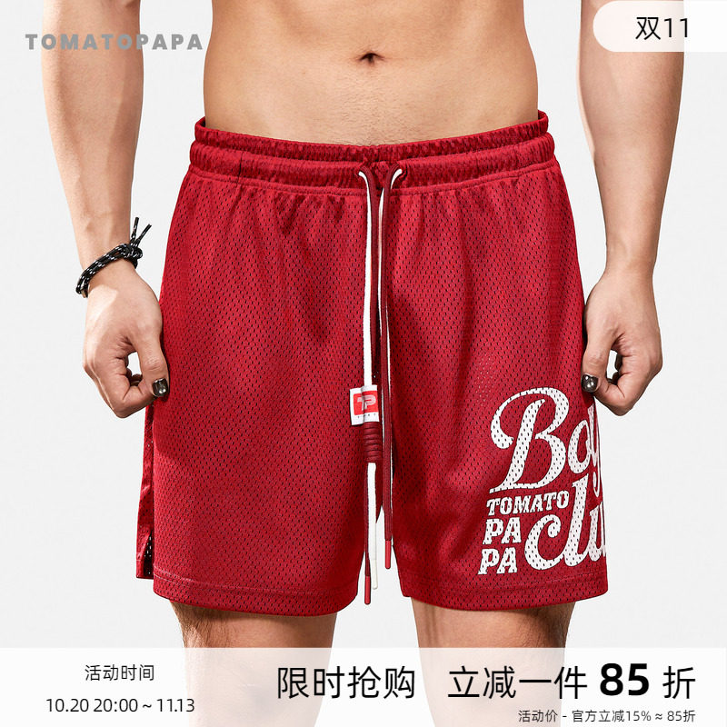 TOMATOPAPA复古街头运动短裤男夏季字母印花松紧腰直筒篮球休闲裤