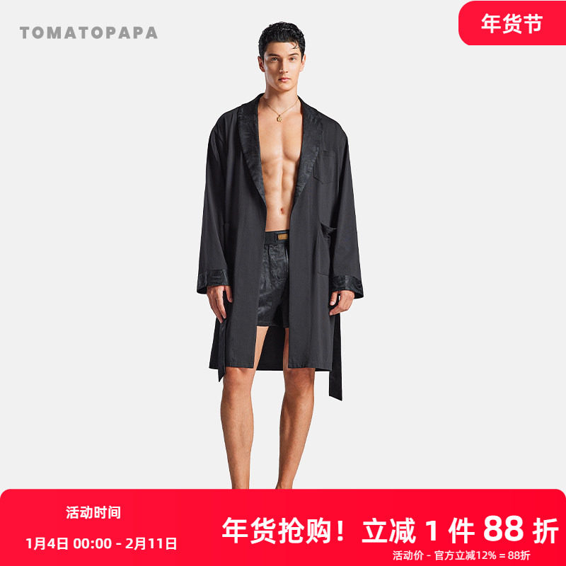 TOMATOPAPA睡袍棉中长款铜氨丝古巴领腰带晨袍居家性感浴袍睡衣男