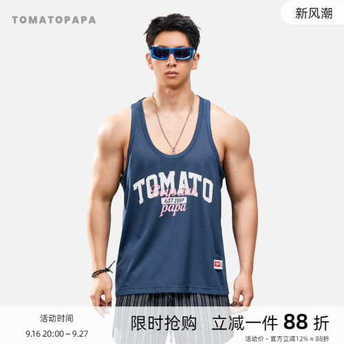 TOMATOPAPA美式字母印花男士背心网面宽松运动健身透气网孔汗背心