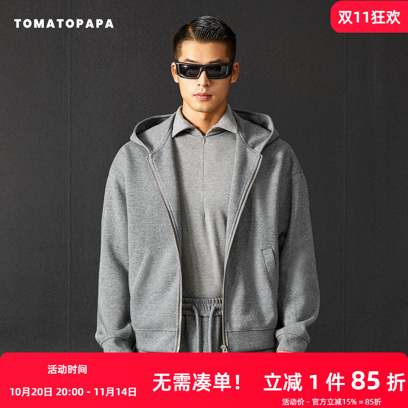 TOMATOPAPA连帽卫衣外套重磅加厚拉链宽松落肩抗皱运动健身跑步衣